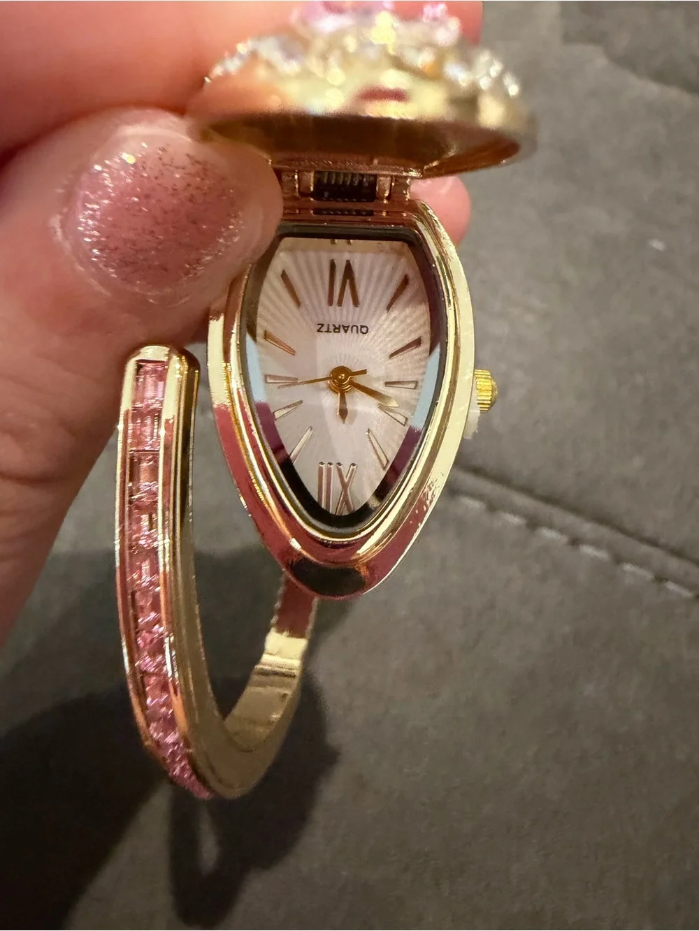 Gold-Plated Snake Cuff Bracelet Watch with Pink and Green Sones